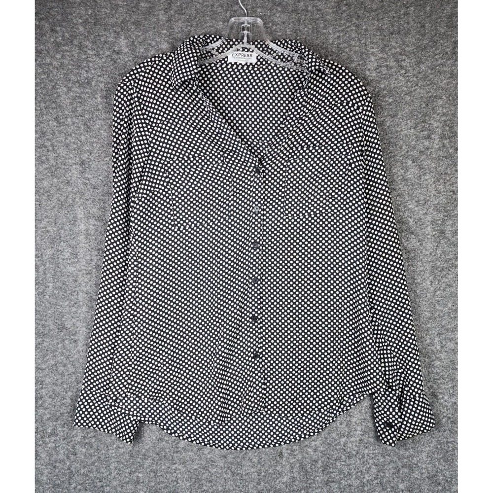 Express Portofino Shirt Women Black‎ White Polka Dot Button Down Long Sleeve